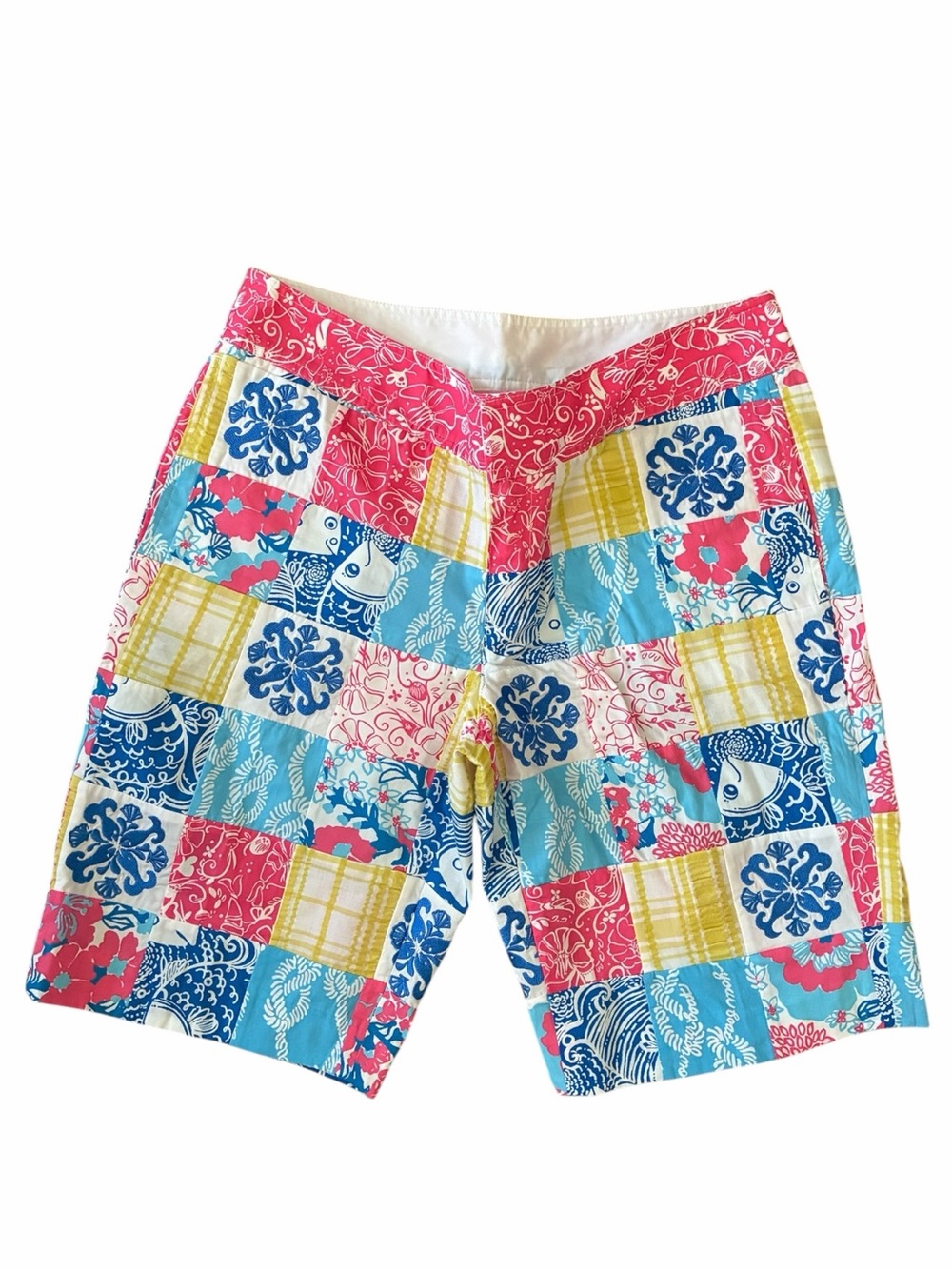 Lily Pulitzer Pink, Blue and Yellow Patchwork Seersucker Bermuda Shorts Size 6
